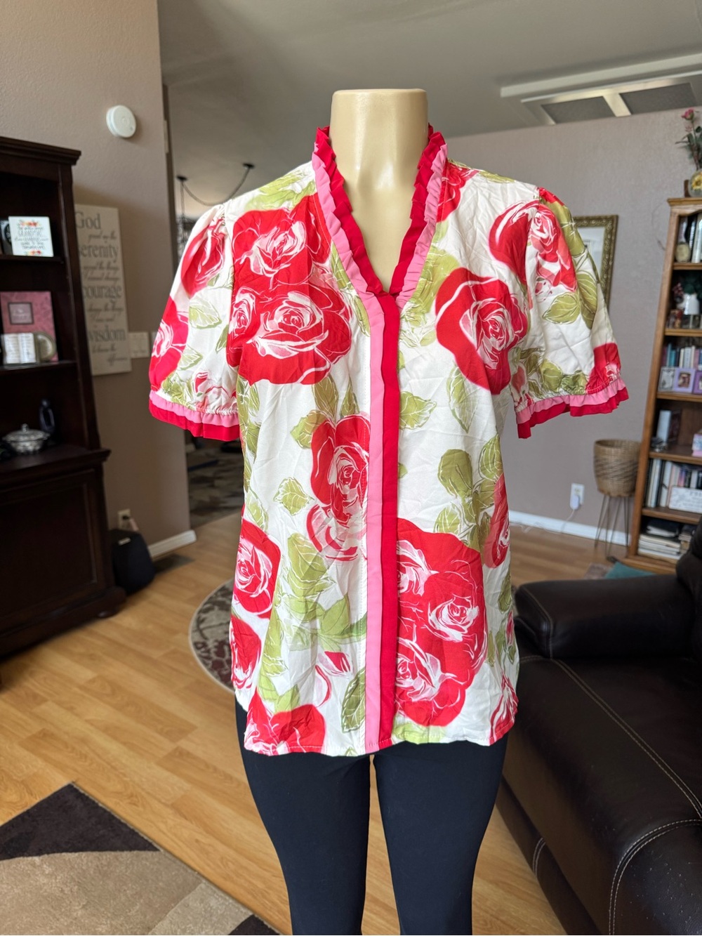 Boutique white, red, pink & green short puff sleeves silky blouse-size L